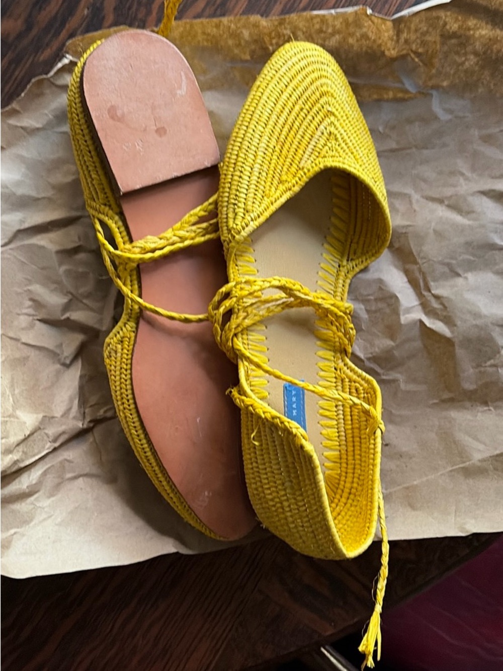 Anthropologie Proud Mary yellow Raffia Woven tie up Flats 8